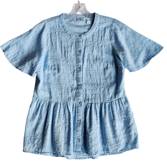 Isaac Mizrahi Live! Embroidered Textured Peplum Blouse | Light Blue XS A589914 - Picture 13 of 14